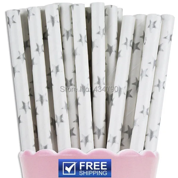 

200pcs Metallic Silver Star Print Paper Straws,Christmas Cake Pop Sticks,Silver and White Wedding Party Supplies Decorations
