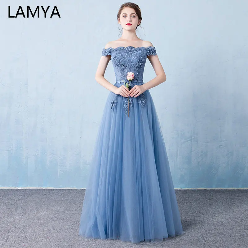 

LAMYA Floor Length Lace Formal Evening Dresses Beading Boat Neck Party Dress Vintage Blue A Line Prom Gown 2021 Vestido de Festa