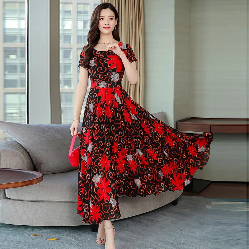 Женское платье с круглым вырезом Летние платья модное до щиколотки цветочным