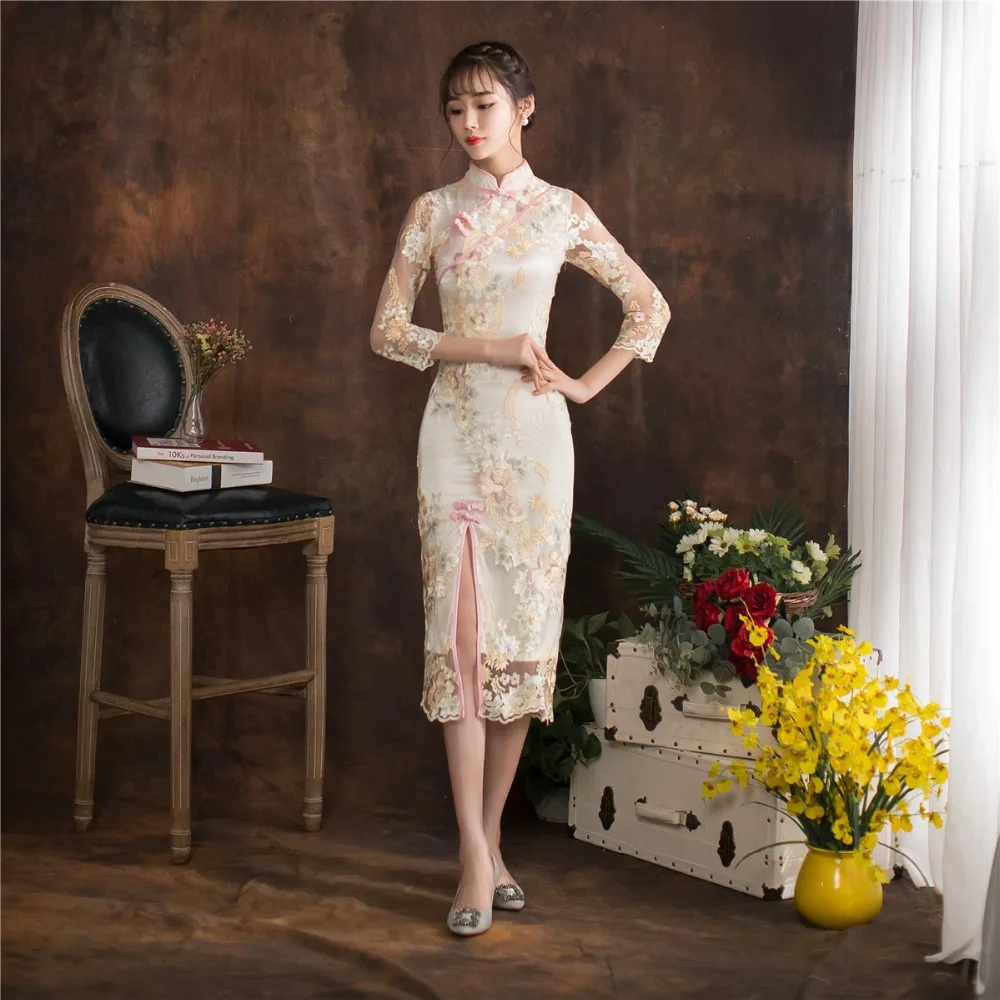 Платье Qipao кружевное с высоким разрезом|Чонсамы| |