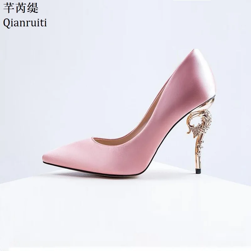 Qianruiti Pink Red Silk Stiletto Heels Women Single Shoes Metal High Bridal Wedding Sexy Pointed Toe Pumps | Обувь