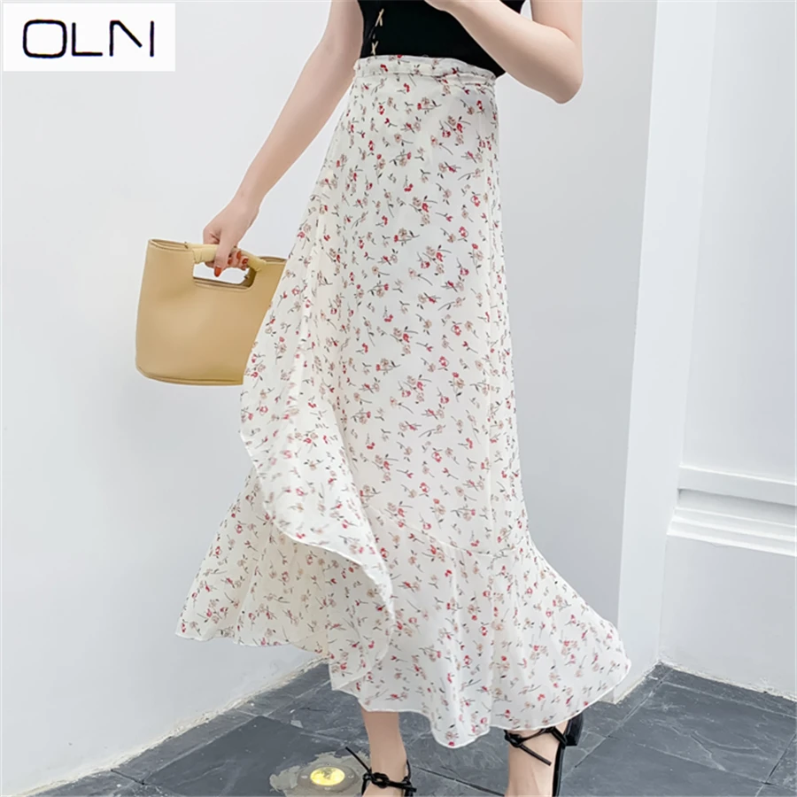 Юбка шифоновая Vestidos OLN Женская цельная кружевная Асимметричная Цветочная юбка