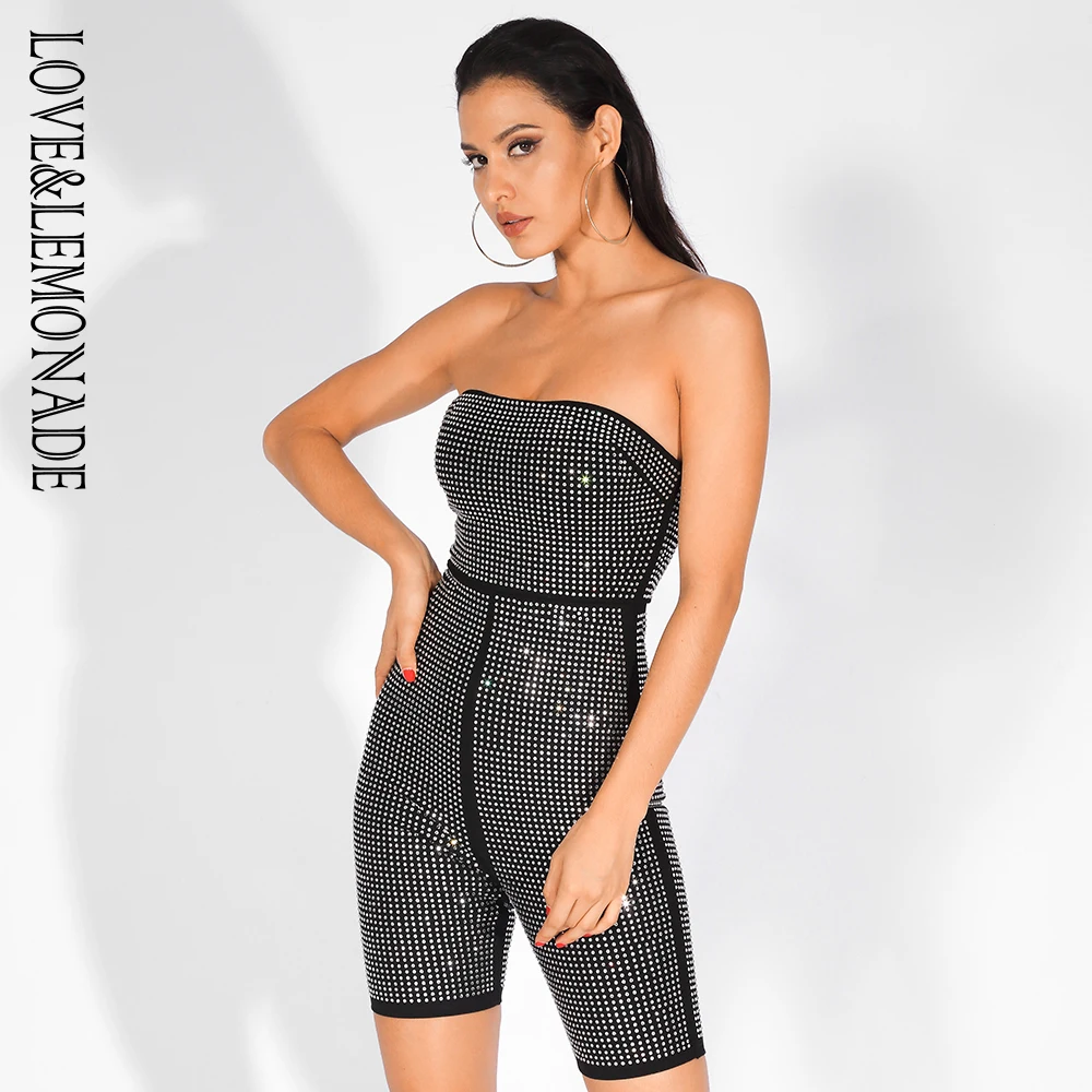 Love& Lemonade сексуальный черный обернутый нагрудный клей для алмазов украшение Bodycon комбинезон LM81563
