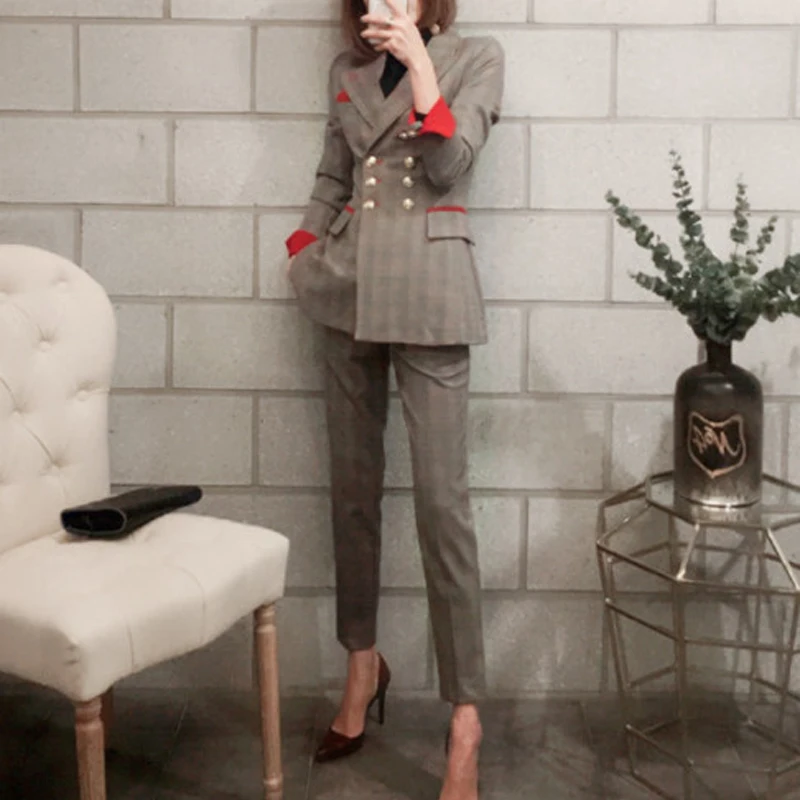 New fashion Formal Suits for Women Casual Office Business Suitspants Work Wear Sets Uniform Styles Elegant Plaid Pant Suits