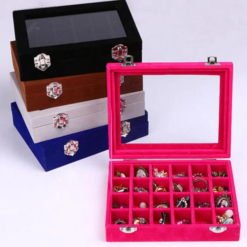 Hot selling many Color Options 24 Grids Ring Box Jewelry Earrings Necklaces Makeup Case Choker Organizer Women Jewellery Storage