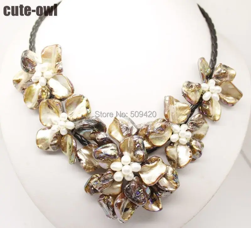 

Free Shipping Baroque Brown shell pearl bead MOP five flowers necklace statement