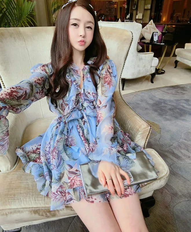 picture color Летние женские комбинезоны Подиумные модные синие цветочные с длинным рукавом шелковые сексуальные женские наряды с v-образным вырезом пояса пляжные jumpusit - Цвет: picture color