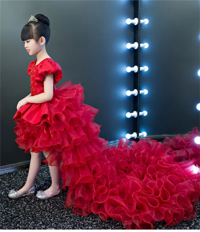 dress with trailing Новое роскошное милое детское Новогоднее красное платье с длинным шлейфом для девочек на день рождения, свадебная модель, платье - Цвет: dress with trailing