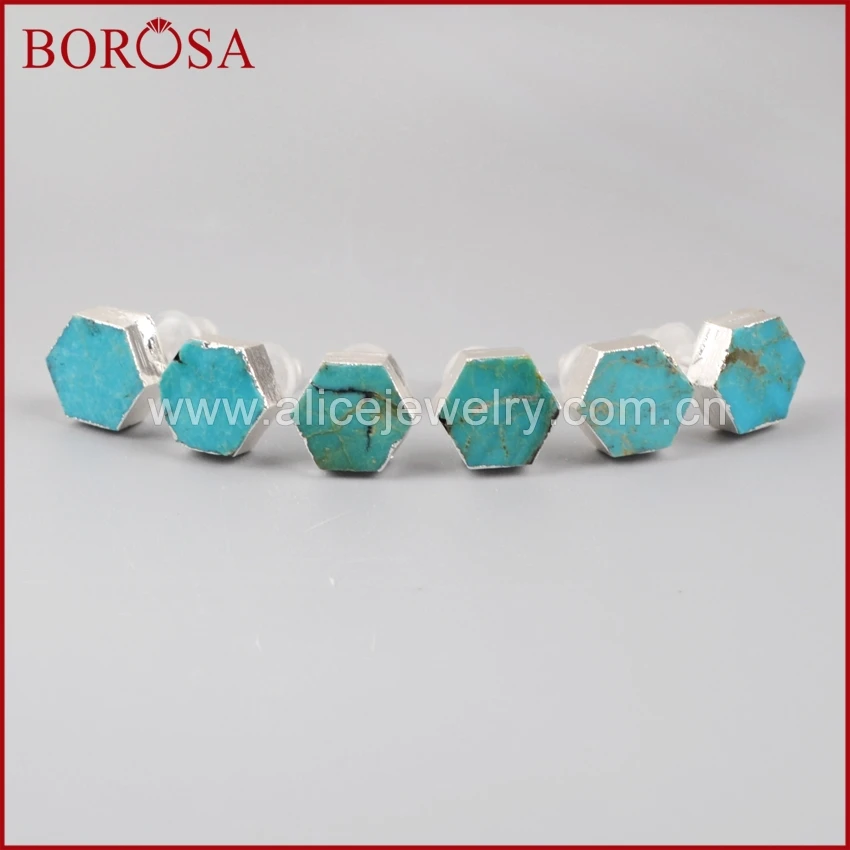 Серьги пусеты BOROSA из чистого серебра с шестиугольным синим натуральным камнем