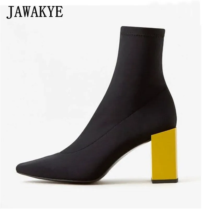 2019 г. Черный тянущийся носок сапоги женская обувь с квадратным носком желтый