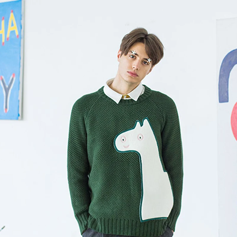 Autumn Winter Women Pullover Sweaters Thick Girl Loose Green Knitting Jumpers Tops O Neck Horse Harajuku Ladies Knitwear Pretty | Женская