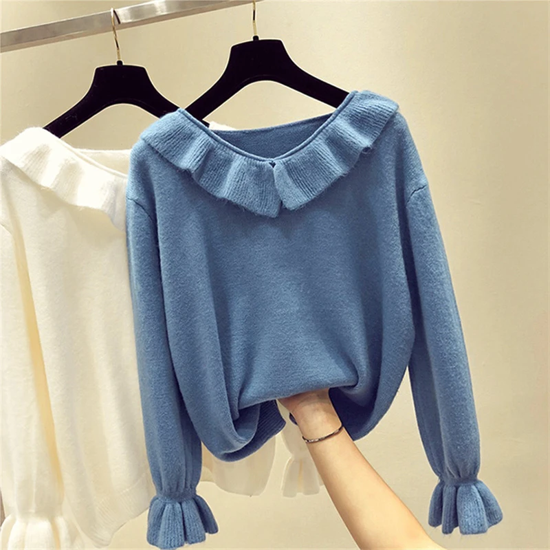 Casual Slim Sweater Women Autumn Winter Knitting Pullovers Long Flare Sleeve Ruffle Pullover Woman | Женская одежда