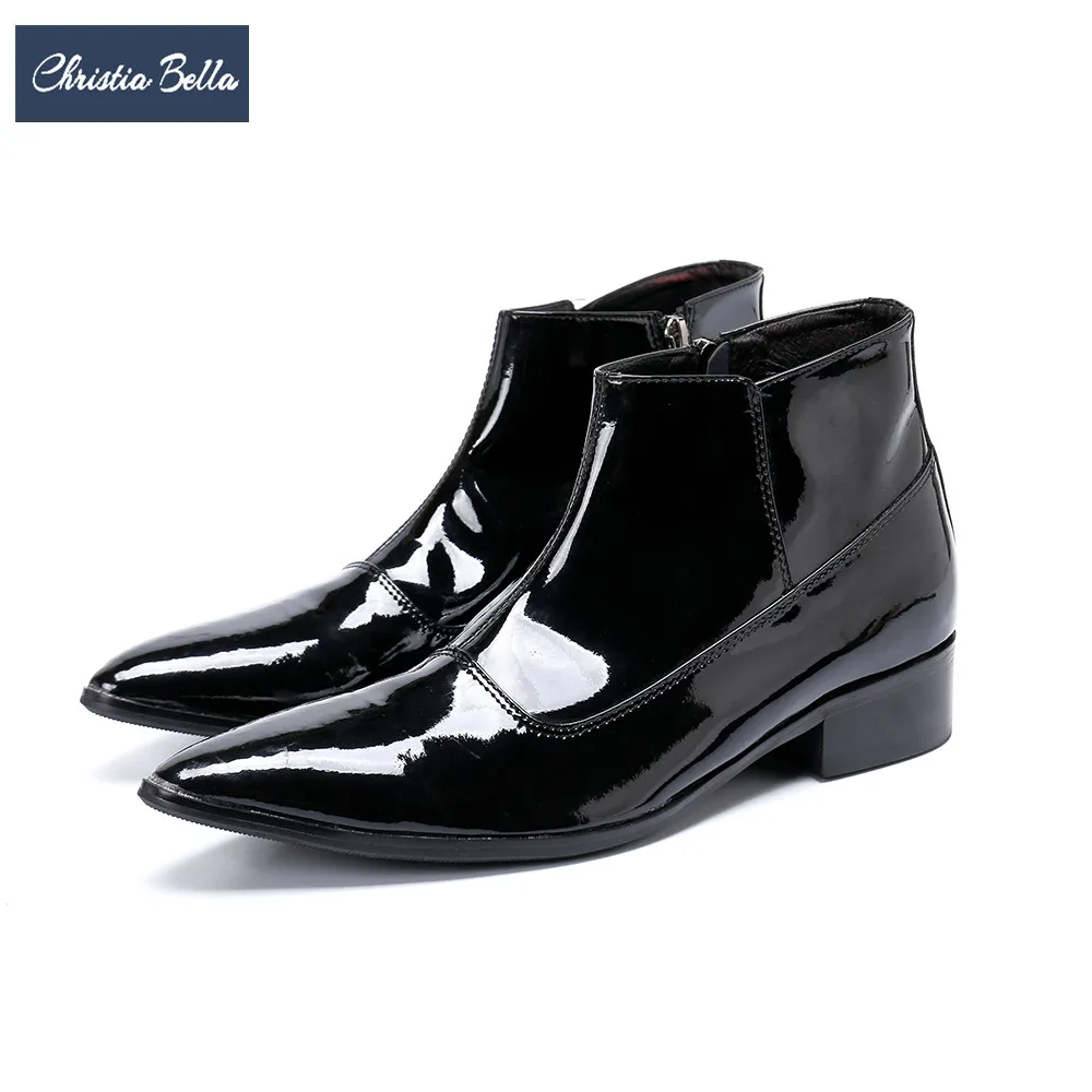 

Christia Bella British Patent Leather Shoes Men Ankle Boots Pointed Toe Men Party Dress Boots Plus Size Motorcycle Short Boots
