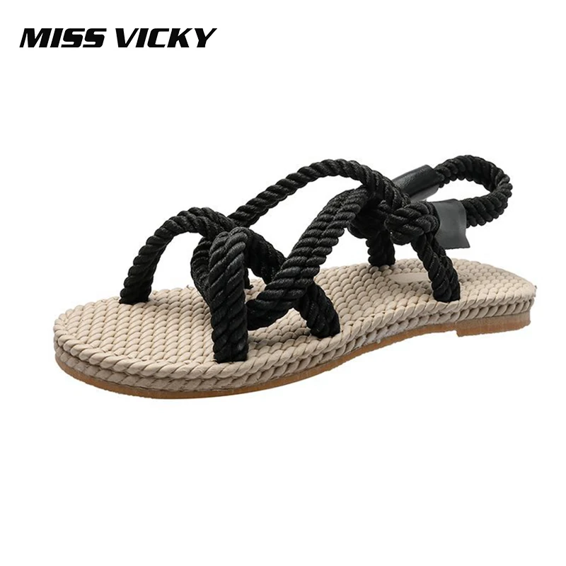 Женские льняные сандалии MISS VICKY летние римские на плоской подошве с