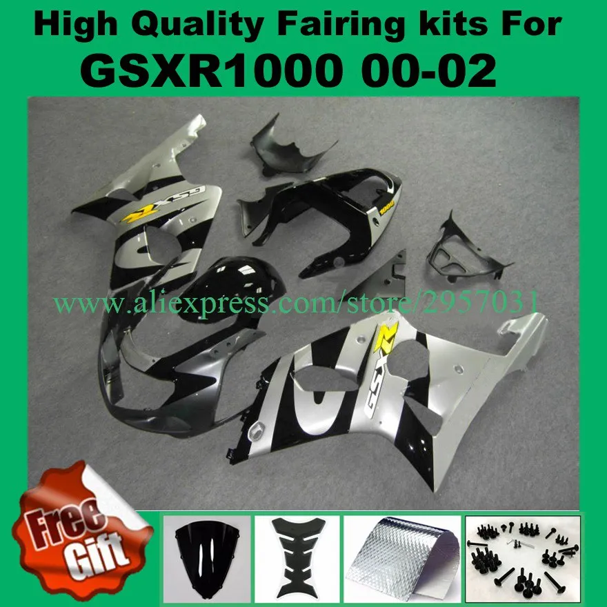 

9gifts, Injection mold fairings for SUZUKI K1 K2 GSXR1000 00 01 02 black silver #627 GSX-R1000 2000 2001 2002 Fairing kit screws