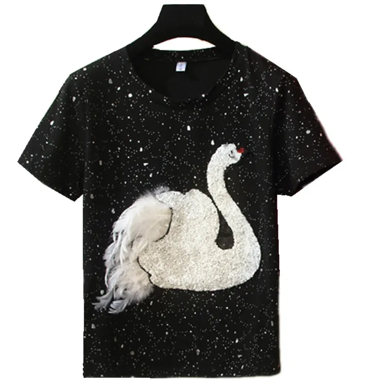 Black T-shirt SMTHMA размера плюс для женщин 3xl 4xl 5xl черная футболка с коротким рукавом и блестками+ красные юбки комплект одежды из 2 предметов - Цвет: Black T-shirt