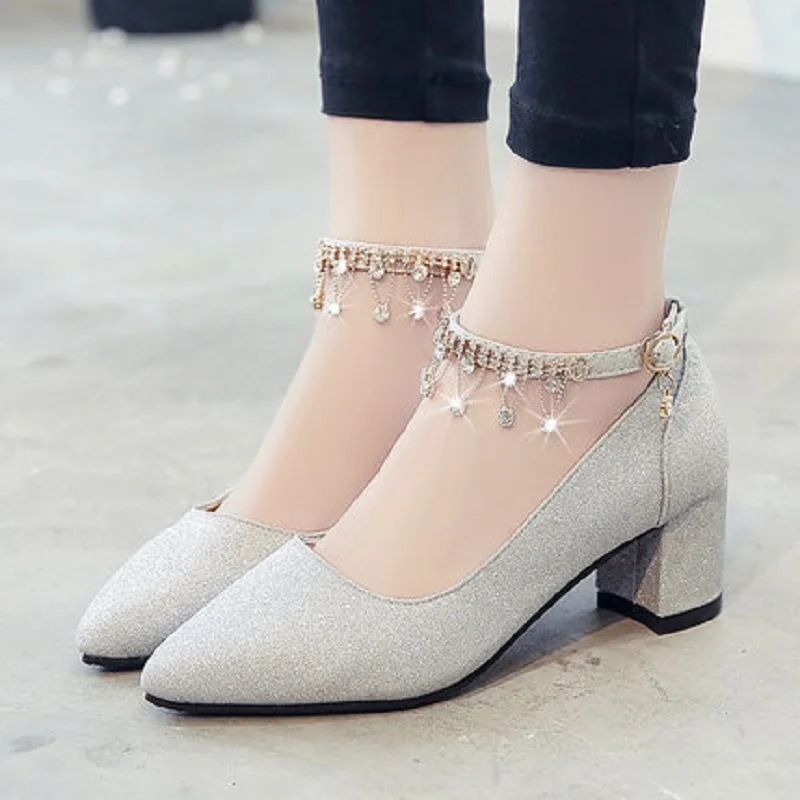 2018 Новая обувь Chic со стразами и пряжкой с грубой чистой малый Обувь на высоком