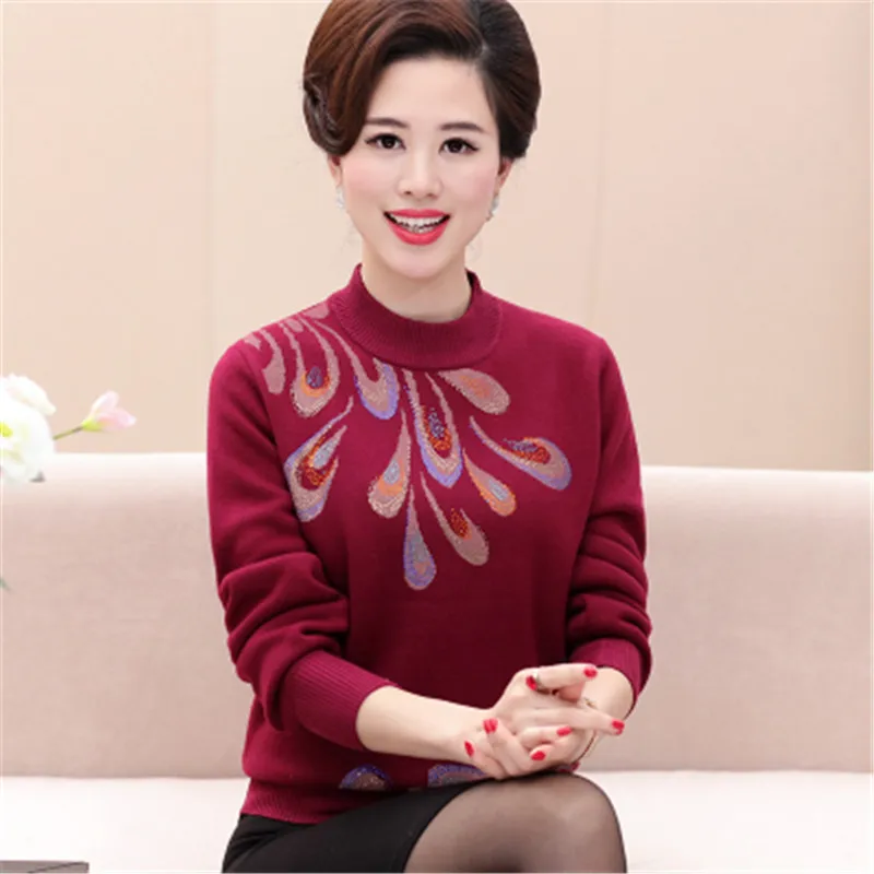 Women Autumn Winter Knit Sweater Bottoming shirt Flocking Warm Middle aged Female Pullover Plus size Diamond Sweaters OKXGNZ1299 | Женская