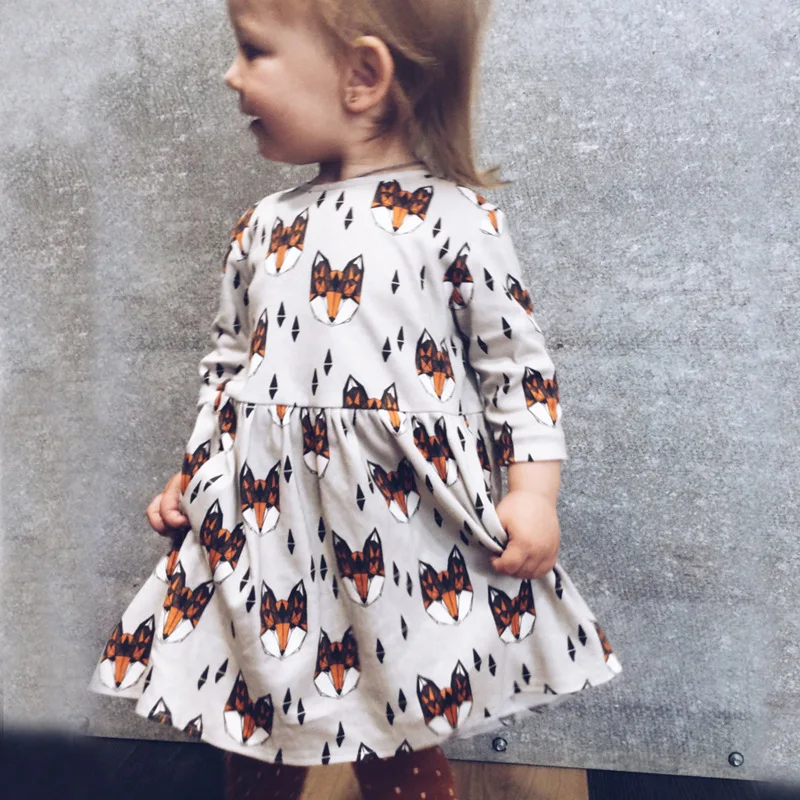 Baby Girls Clothes Autumn Fashion Fox Printed Cotton Dress Long Sleeve Casual Cute D0272 | Детская одежда и обувь