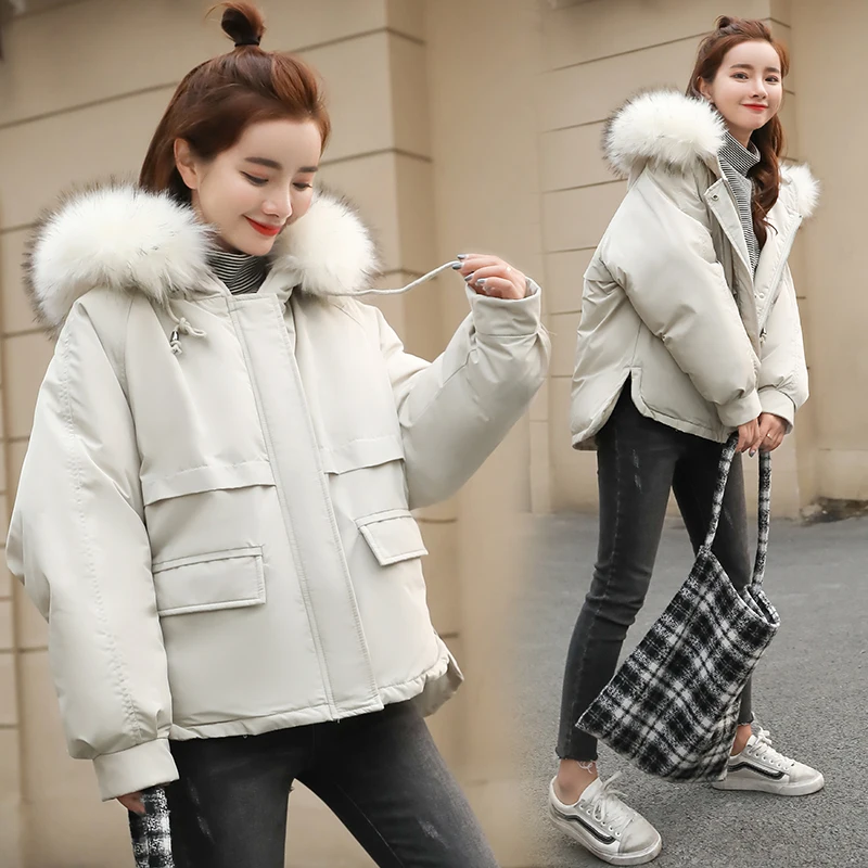 

Fashion Winter Faux Fur Collar Short Parkas Loose Down Cotton Coats Women Hooded Jackets Pink Black Burgundy Snow Outwear