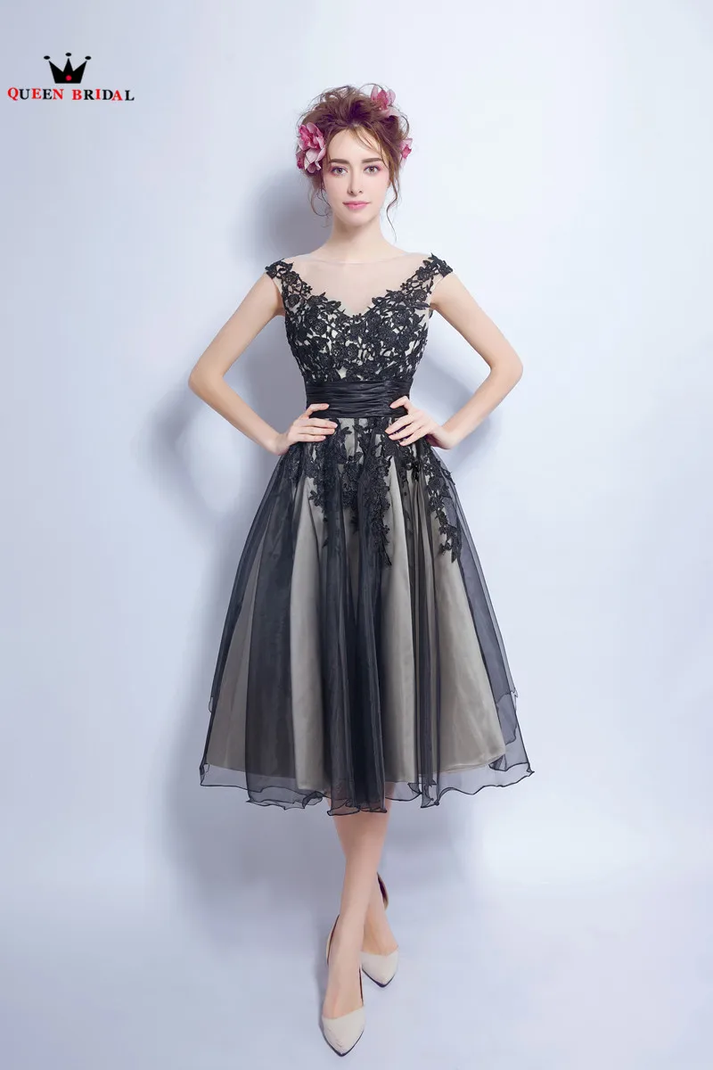 Черное платье для вечеринки Tea Length A-line V-neck Lace Tulle Short Black Elegant Evening Dresses Prom Party Dress Gowns Robe De Soiree NT46.