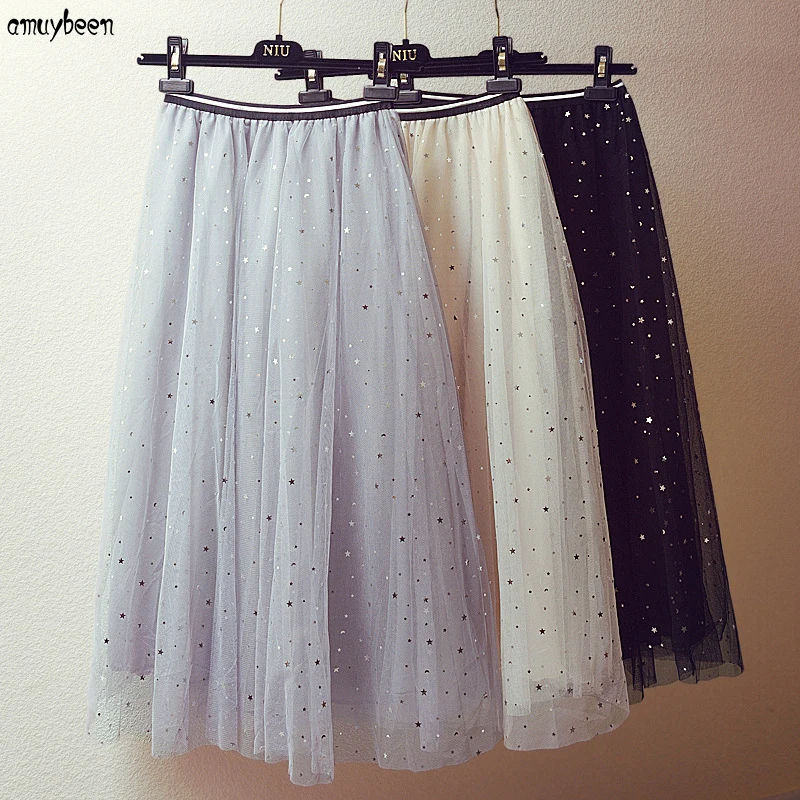 Skirts Mesh Sequin Skirt Women 2018 Stars Winter Tutu Party Tulle Festa Mori Black High Waist Harajuku Pleated Midi | Женская одежда