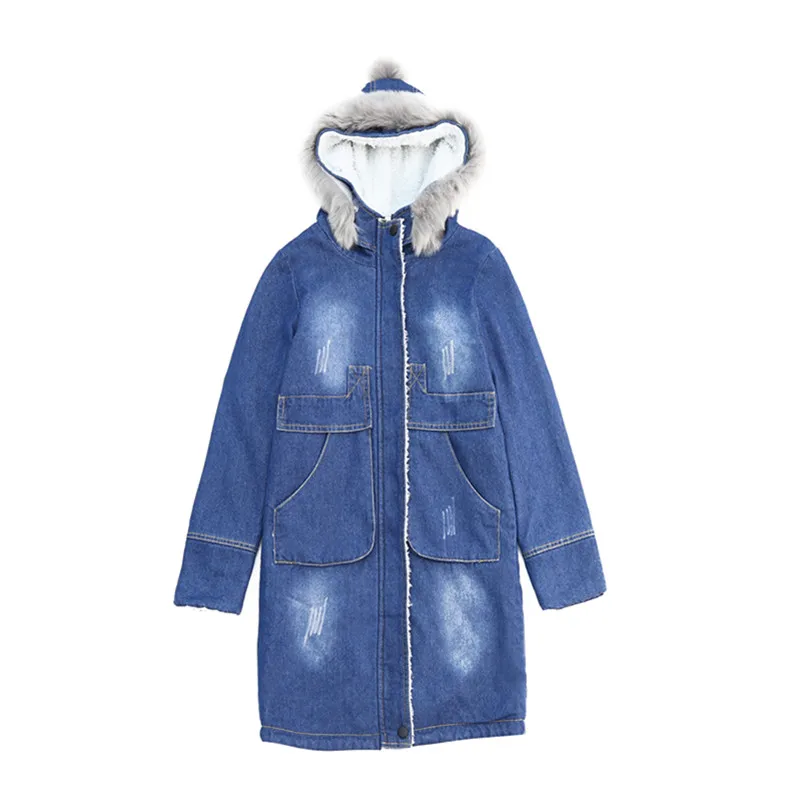 

New 2018 Plus Size M-3XL Thick Long Sleeve Denim Jacket Womens Warm Coat Outerwear Fur Collar Hooded Denim Coat Winter Coats