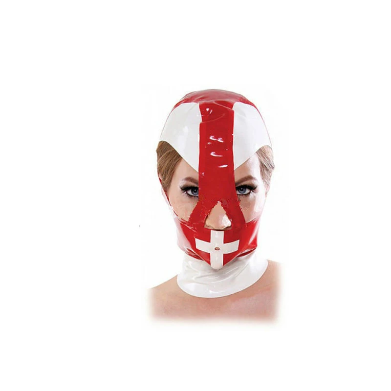 

100% Latex Mask Rubber Masquerade White and Red Hood Mask Headgear Size XXS-XXL