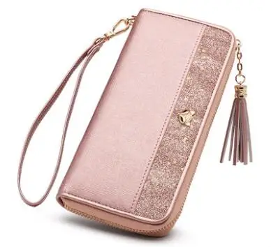 Pink FOXER новые женские кожаные кошельки новые женские длинные кошельки Простые Модные кожаные кошельки на молнии с кисточками женский кошелек, клатч - Цвет: Pink