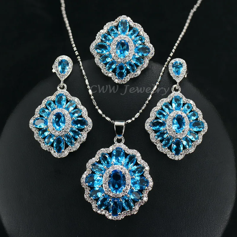 light blue CWWZircons Модное Украшение с Фианитами Серебро 925 Проба Набор для Женщин Кольцо Подвеска Серьги с Большими Разноцветными Кубическими Цирконами T261 - Окраска металла: light blue