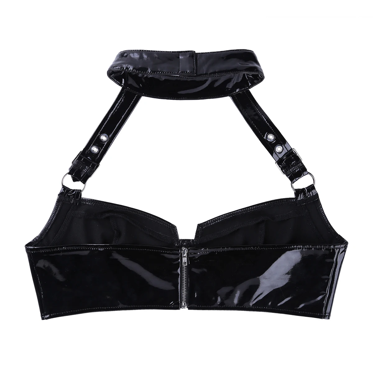

Womens Lingerie Sexy Bra Top Wetlook Leather latex Bra Clubwear Halter Neck Buckle Straps Back Zippered Wire-free No Pad Bra Top