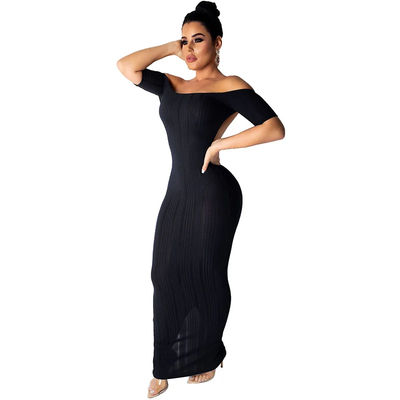 Женское Трикотажное Платье макси с открытыми плечами Летнее Длинное облегающее