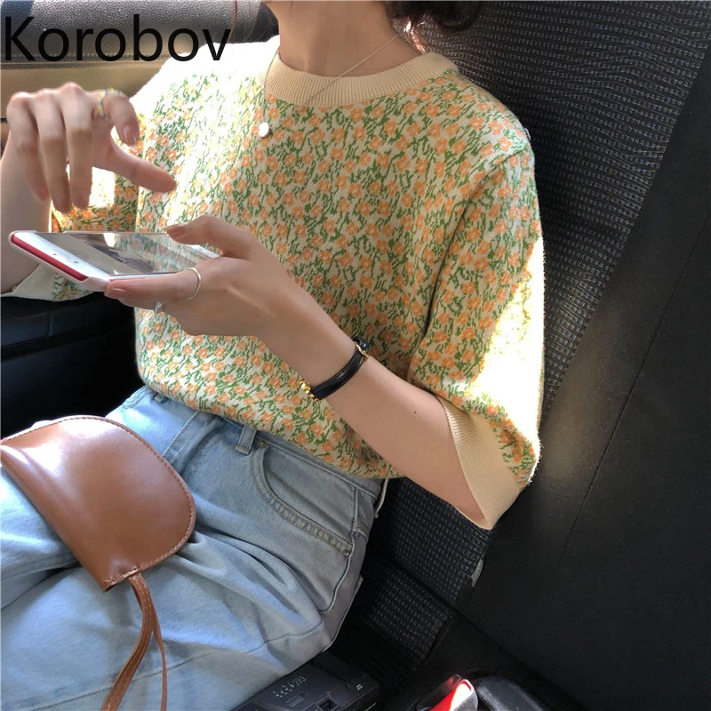 Korobov летняя Модная трикотажная футболка с круглым вырезом и коротким рукавом, женские топы, корейские элегантные Цветочные Лоскутные Harajuku футболки 78020