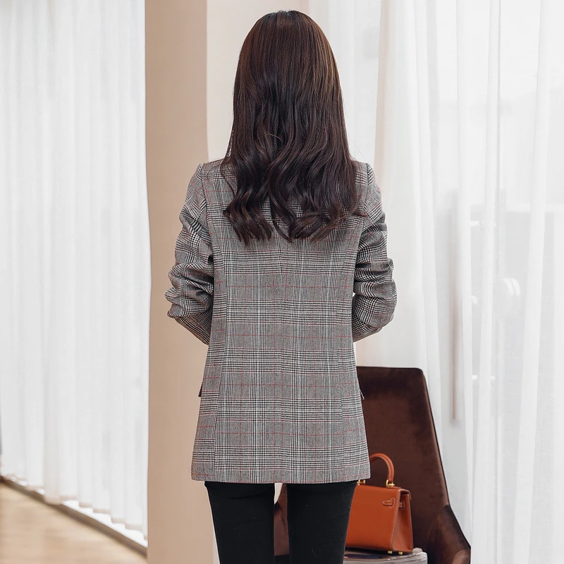 Высокое качество Новые женские блейзеры и куртки весна осень плед blaser feminino