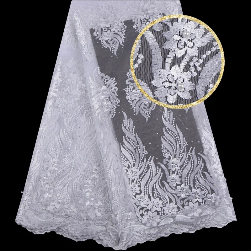 

African Blue Lace Fabric Embroidered With Stones And Beads Nigerian Lace Fabric High Quality French Tulle Lace Fabric For F1548