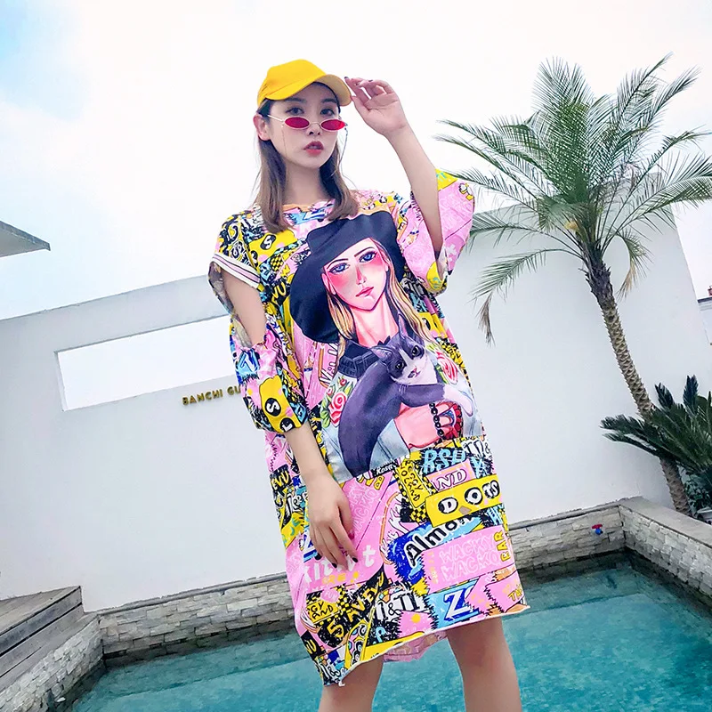 QING MO 2018 Summer Dress Flare Sleeve Robe Femme Hollow Out Pink Shirt Character Pattern Print for Women ADQ240 | Женская одежда