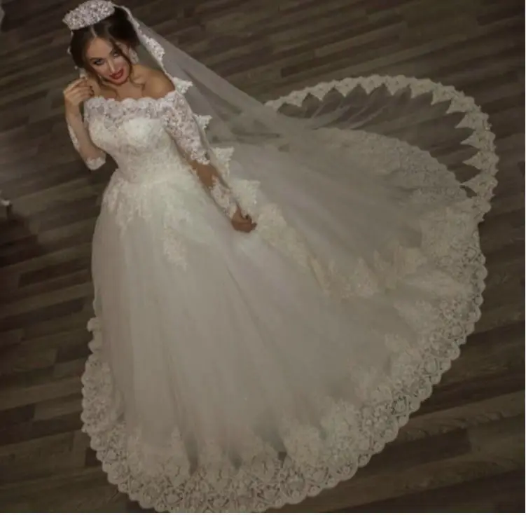 

long sleeve wedding dresses off the shoulder vestido de noiva plus size white ivory lace Bride Dress bridal gown wedding gowns