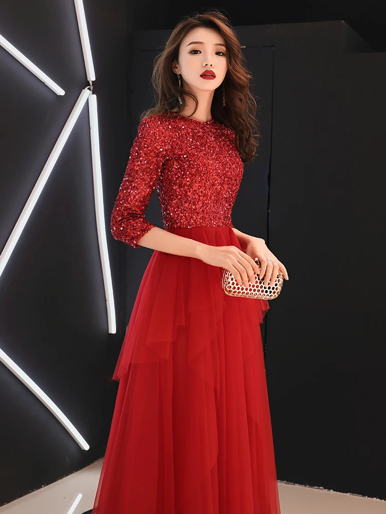 Robe De Soiree Evening Dress 2019 Shiny Sequined O-neck Tiered Pleat Wine Red Dinner Gowns LF414 | Свадьбы и торжества