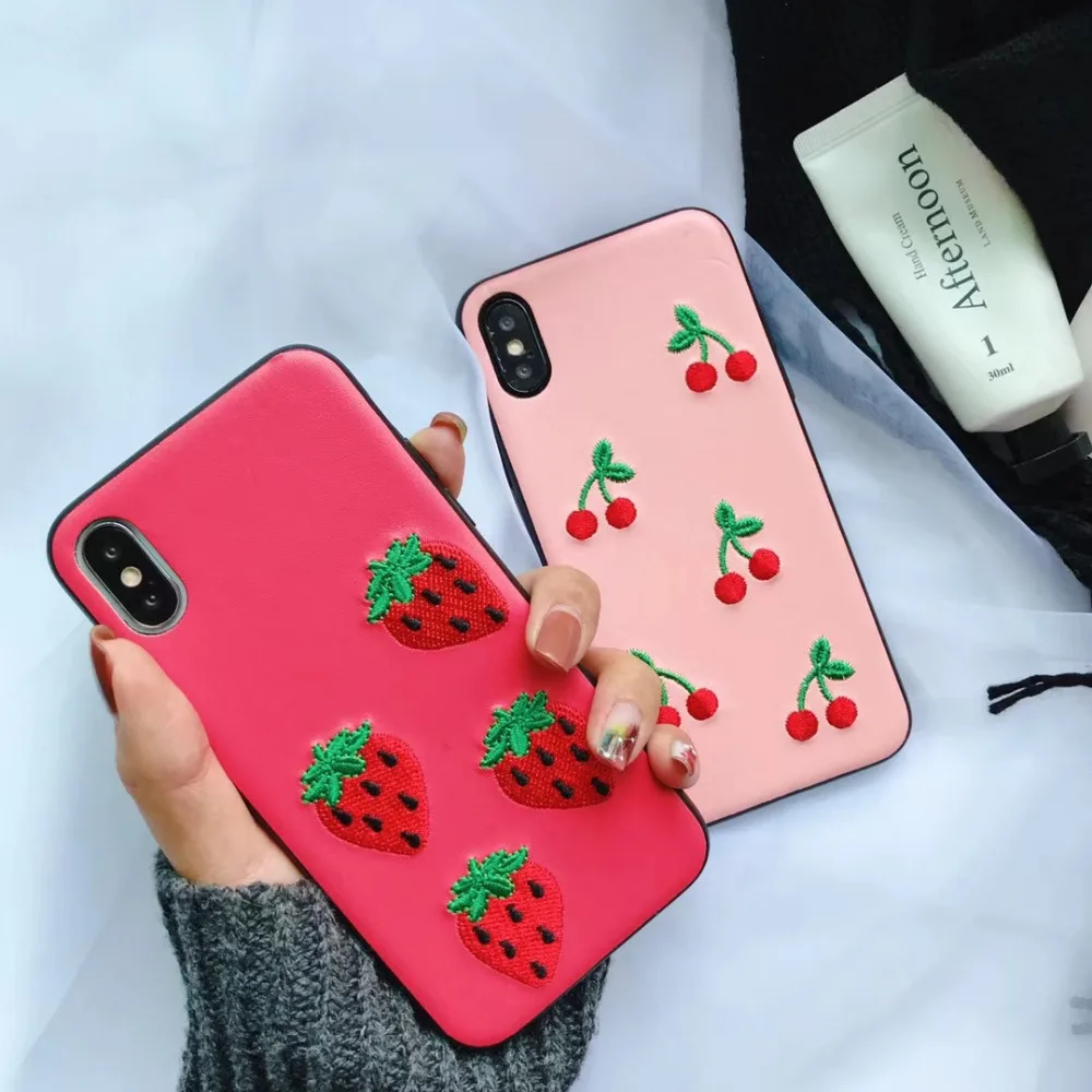 Fashion Artsy Korean Exquisite Fresh Embroidery Fruit Strawberry Cherry Candy Color Warm Phone Case For IphoneXS/6/7/8plus |