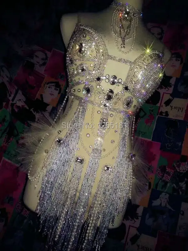 2017 модное блестящее трико со стразами и кисточками женские Сексуальные Вечерние