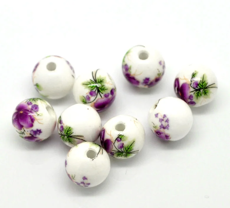DoreenBeads 30 шт фиолетовый цветочный узор круглые керамические бусины 12 мм (4/8 &quot)