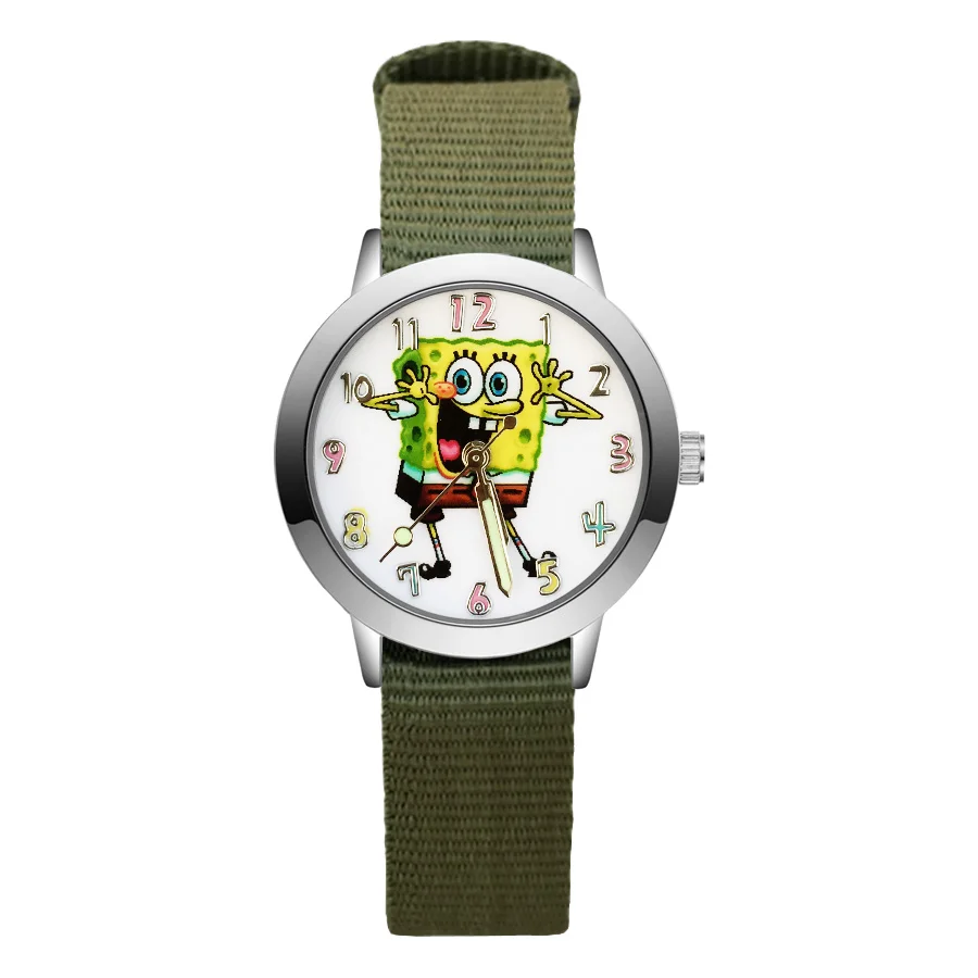 Army green Модные милые детские часы в стиле Спанч Боб, детские Студенческие Кварцевые наручные часы с нейлоновым ремешком для мальчиков и девочек JA137 - Цвет: Army green