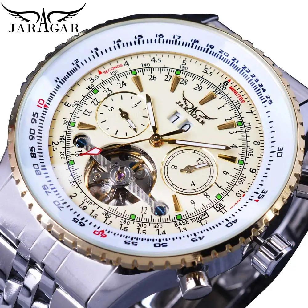

Jaragar Mens Luxury Brand Automatic Mechanical Watches Silver White Stainless Steel Bezel Strap Tourbillon Date Men's Wristwatch