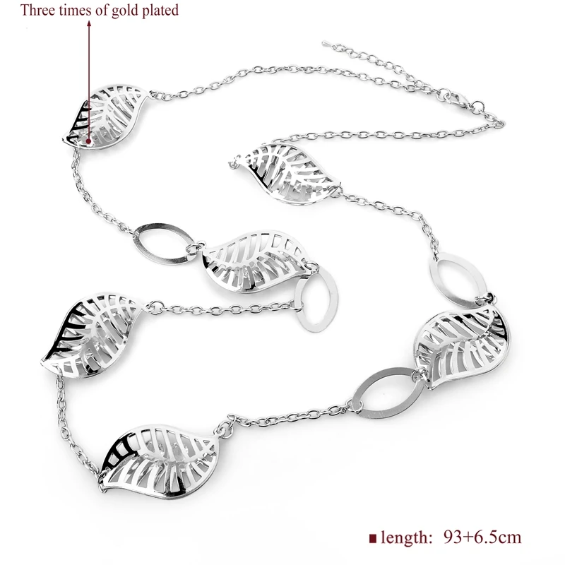 Длинное серебряное ювелирное изделие золотистого цвета цепочка с листьями