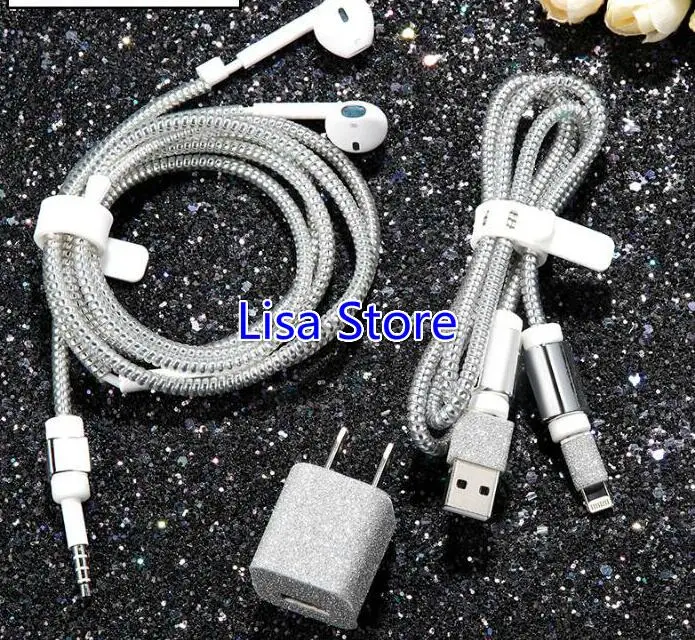 Free 10 Sets Bling Bling DIY Wire Rope Protection Suit Spring Earphone Cable Cord Set DIY Charger Sticker for Cell Phone iPhone