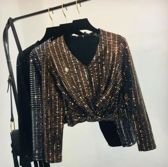 Золотой Блестящие кроссовер куртка Модные blingbling2019 ночной клуб v-образным вырезом короткая заметка пупка блестки футболка прилив - Цвет: Золотой