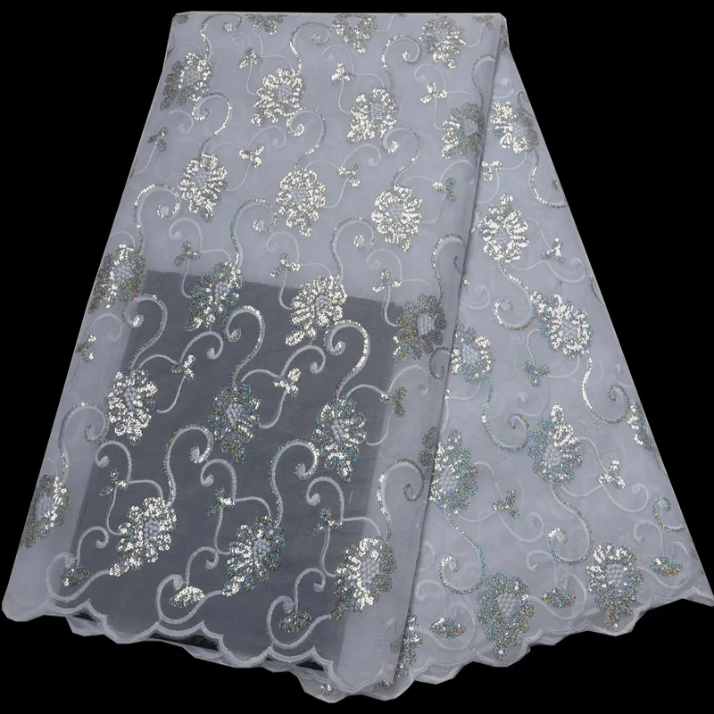 5 ярдов Высокое качество африканская органза кружевная ткань белый и серебряный