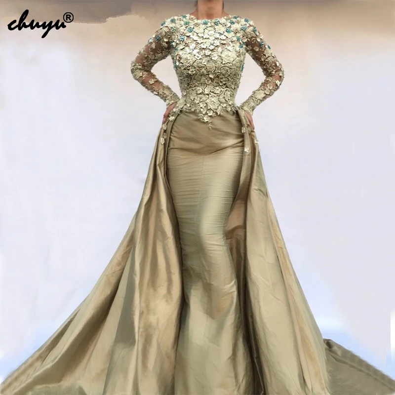 Мусульманские Вечерние платья со съемным шлейфом с длинными рукавами