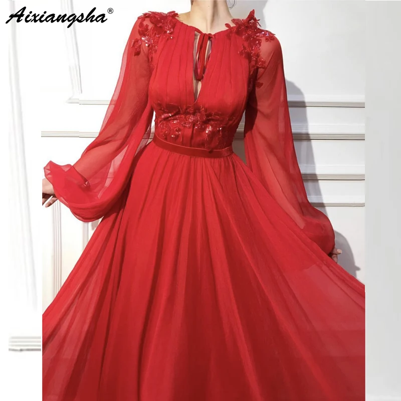 

Красные мусульманские Вечерние платья а-силуэта с длинным рукавом шифоновое кружевное исламское дубайское кафтан Саудовский арабский длинный вечерний наряд платье для выпускного вечера