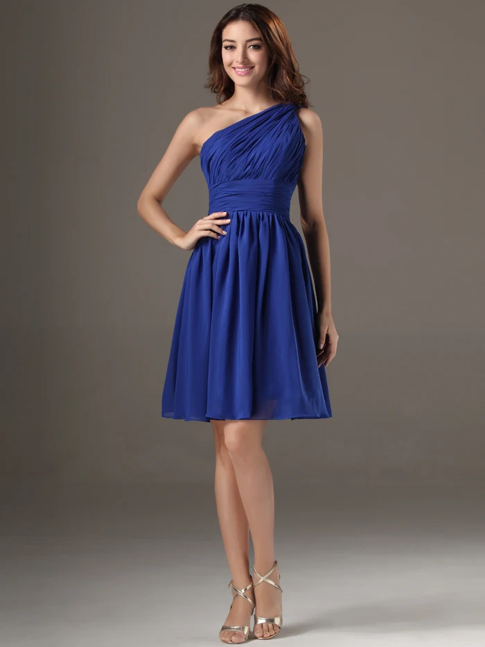 Одно плечо Royal Blue Короткие Подружкам невесты с Бретели для нижнего белья складки